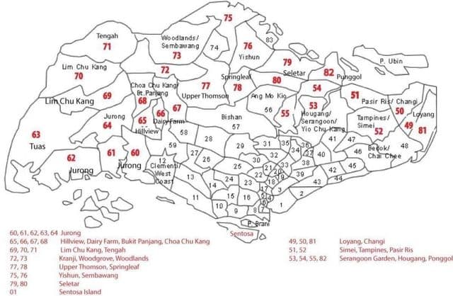 Kaart met postcodes voor Singapore